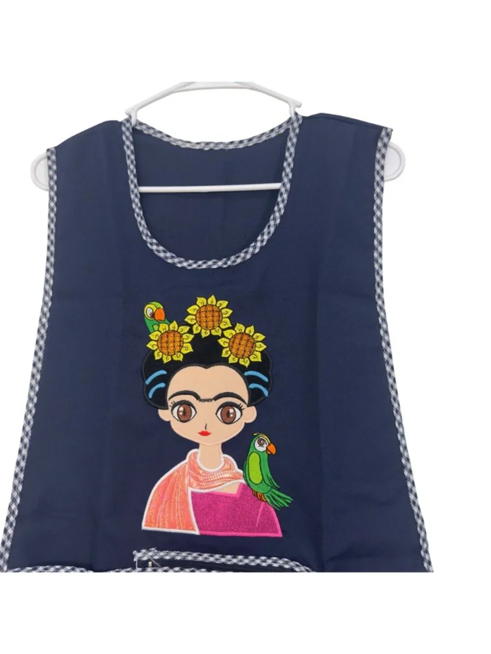Apron Women One Size Navy Frida-Inspired Print Front Pockets Checkered Trim NWOT